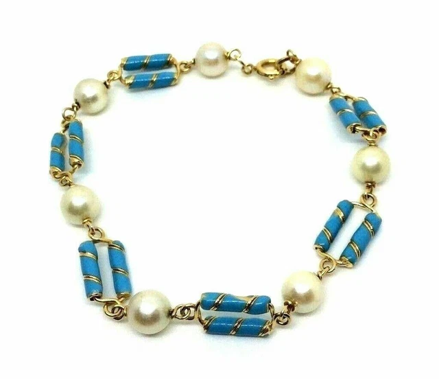 Bracelet Vintage Or Massif 18 KT Italie Ans '60 Avec Perles Naturelles
