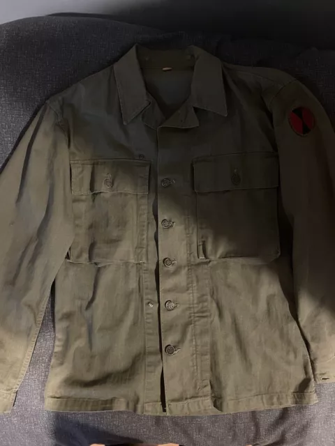 Original US WW2 OD7 2nd Pattern HBT Jacket Korean War Patch Gas Flap 34R