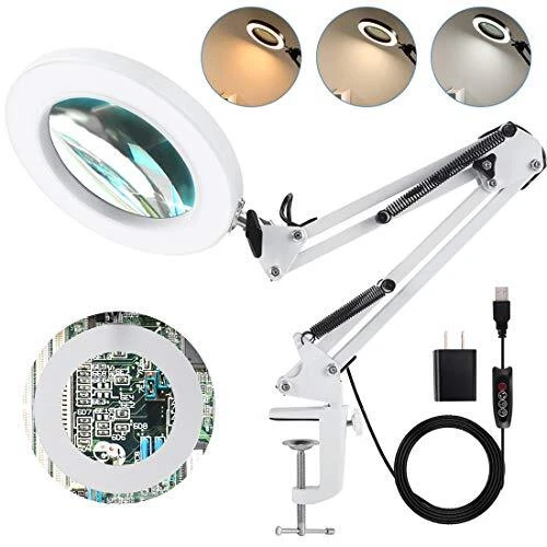 Magnifying Desk Lamp with Clamp, 3 Color Modes, Stepless Dimmable, 5-Diopter