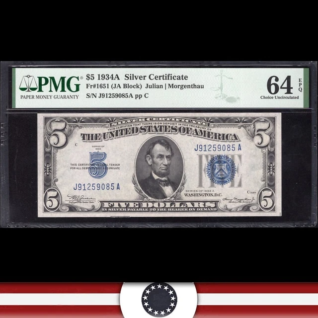 1934-A $5 SILVER CERTIFICATE *J-A Block* PMG 64 EPQ Fr 1651 59085