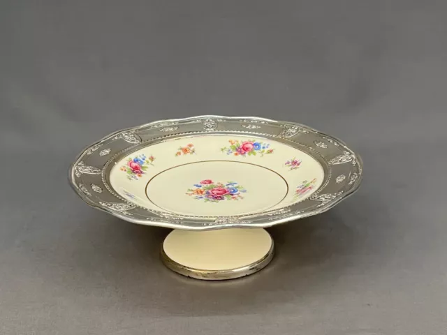 Rare LENOX ROSE Round Porcelain 9" Footed Compote w/ Sterling Rim c. 1946; Mint