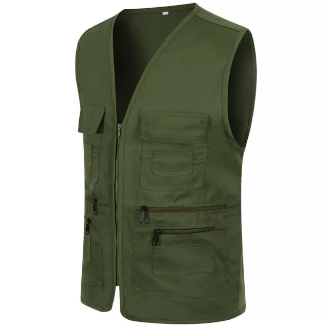 Mens Cargo Vest Multi Pockets Utility Fishing Hiking Gilet Casual Waistcoat Coat