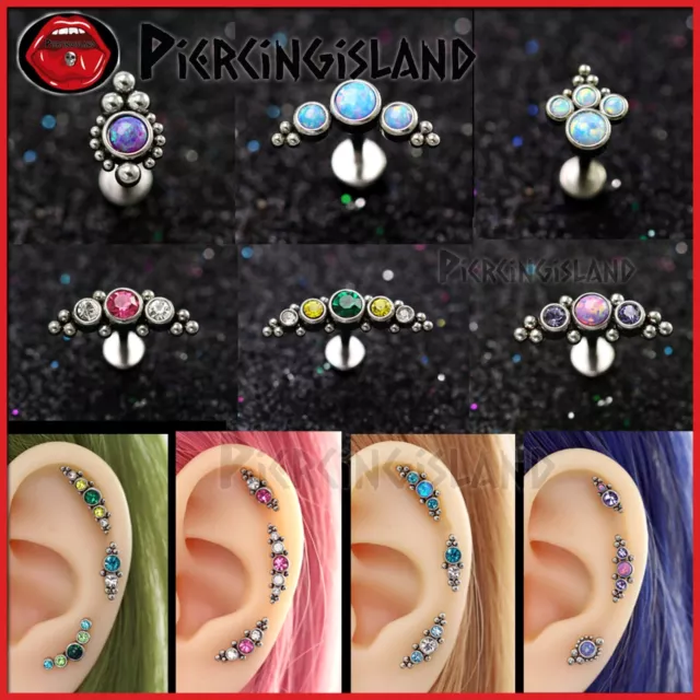 Opal Gem Ear Climber Cartilage Helix Ring Bar Flat Back Stud Piercing Earring