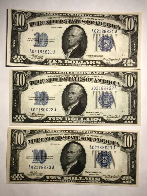 3 CONSECUTIVE 1934 $10 blue seal silver certificates FR1701. Choice CU. #ukr132