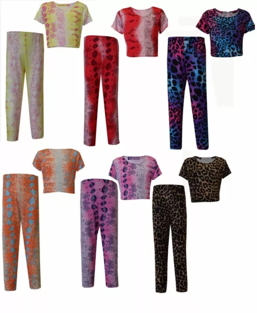 Girls Printed Crop Top And Legging Neon Colours  2 Piece Set Kid Outfit 7-13 Yrs