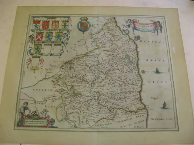 100% Original Large Northumberland Map By J Blaeu C1646 Hadrians Wall  Newcastle