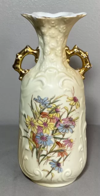 Antique 19th Century RW Rudolstadt Hand Painted Flowers Handled Vase