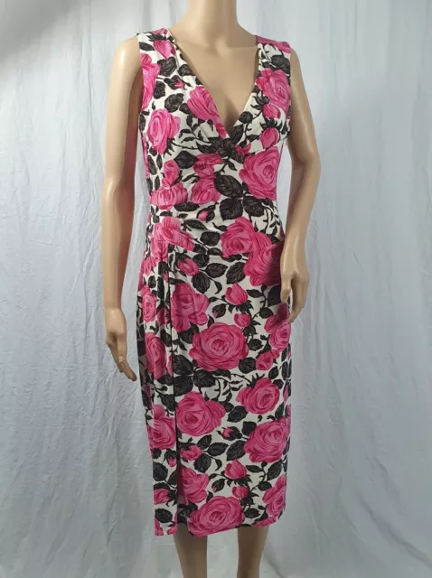 Phase Eight White Pink Floral Sleeveless Midi Dress V Neck Size UK 14 Party