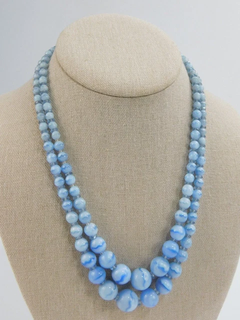 Vintage Art Deco Czech Blue Satin Swirl Art Glass Multi Strand Necklace 18" Read