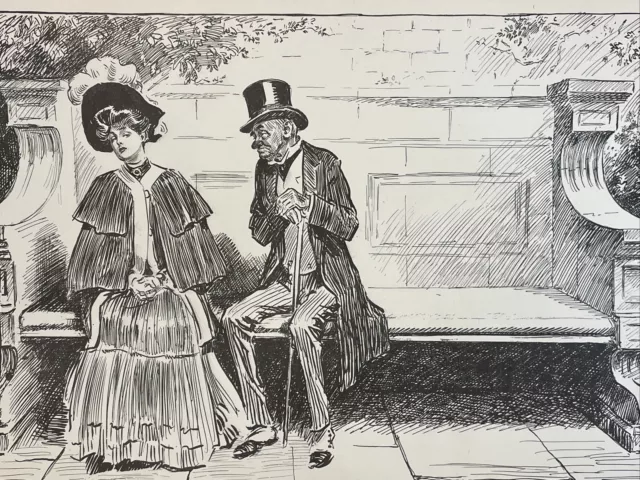 Gibson Girls Print Antique Art Sketch 11”x17” Old Man Woman On Fancy Bench Talk
