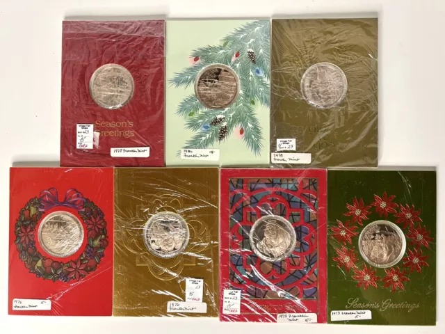 Franklin Mint Bronze Coin Christmas Holiday Cards Lot Of 7 1973-1980 Protected