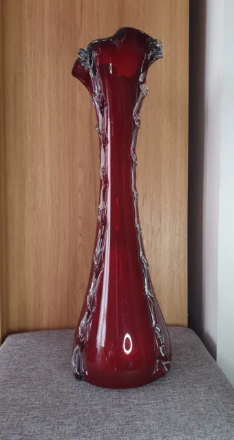 Vintage 50 cm tall hand blown large heavy red art glass vase Romania
