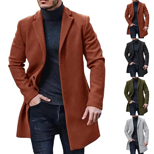 Mens Woolen Trench Coats Winter Lapel Long Jacket Blazer Fomal Outwear Overcoat 3