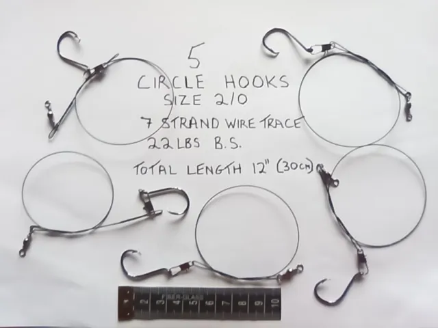 CIRCLE FISHING HOOKS 5 Size 2/0 To Wire Trace 22 lbs B.S 12 Long
