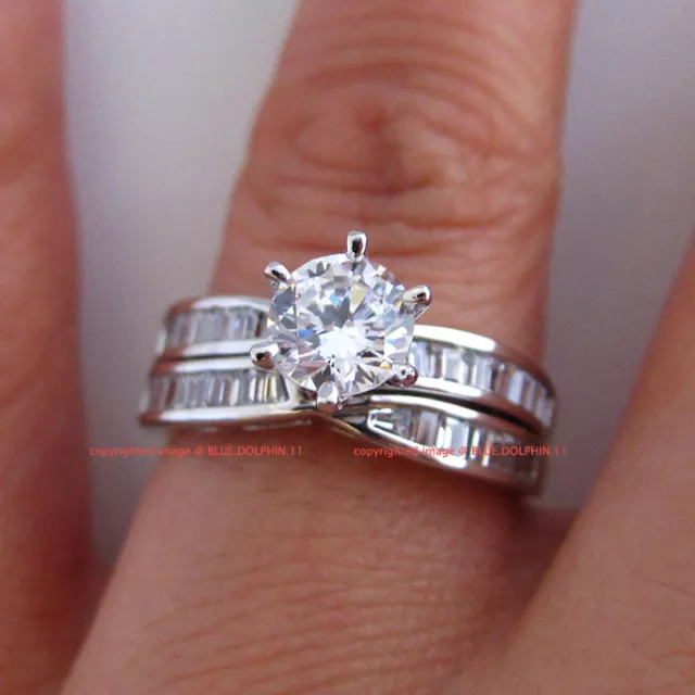 Real Genuine Solid 9K White Gold Engagement Wedding Rings Set Simulated Diamonds