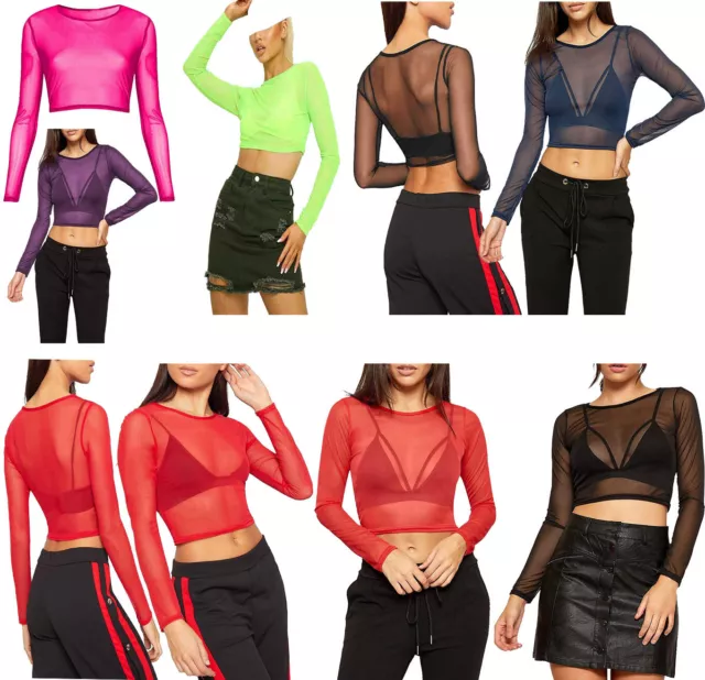 Womens Mesh Crop Top Long Sleeve Insert See Through Sheer Crop T-Shirt Blouse