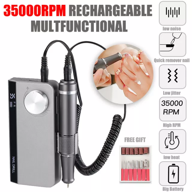 Pro 35000RPM Rechargeable Electric Nail Drill Machine Portable Manicure Pedicure