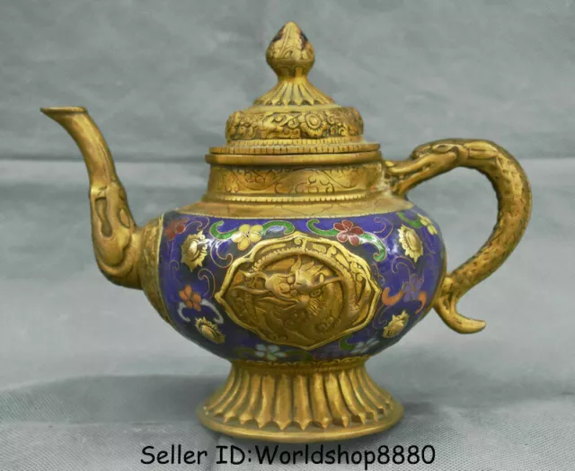 8.4" Marked Old Chinese Cloisonne Enamel Copper Dragon Handle Wine Pot Flagon