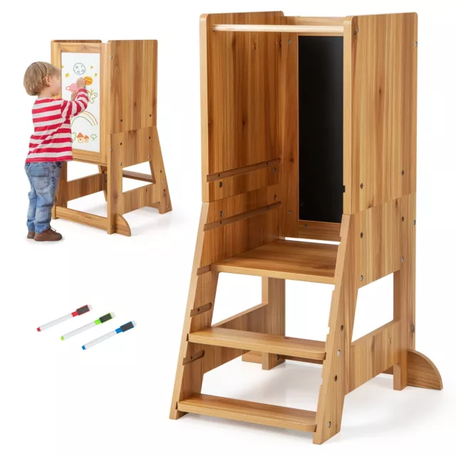 Wooden Kids Step Stool Toddler Kitchen Stool Helper Standing Tower w/ Chalkboard