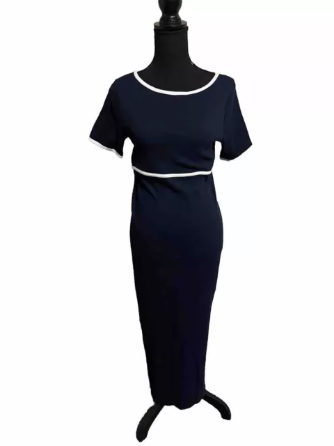 Ralph Lauren Navy Blue Maxi Dress White Trimmed Knit Cotton Empire Waist Size Ps