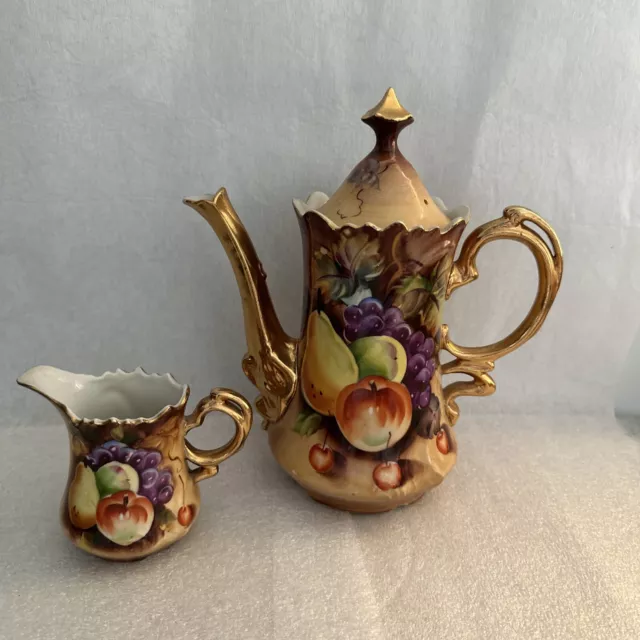 Lefton China HERITAGE BROWN Fruit Pattern Teapot and Creamer