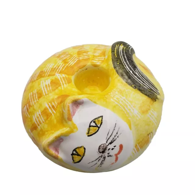 Pier 1 Hand Painted Candle Holder Ceramic Yellow Kitty Cat Italy Decor Vintage