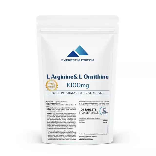 L-Arginine+L-Ornithine 1000mg Comprimés non OGM Végétalien