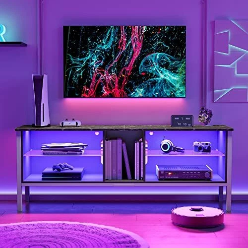 LED TV Stand, Modern Gaming Entertainment Center for 70 inch tv Black Marble