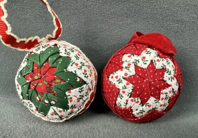 Vintage Christmas Tree Ornaments Handmade 2.5" Patchwork Quilt Style Lot of 2