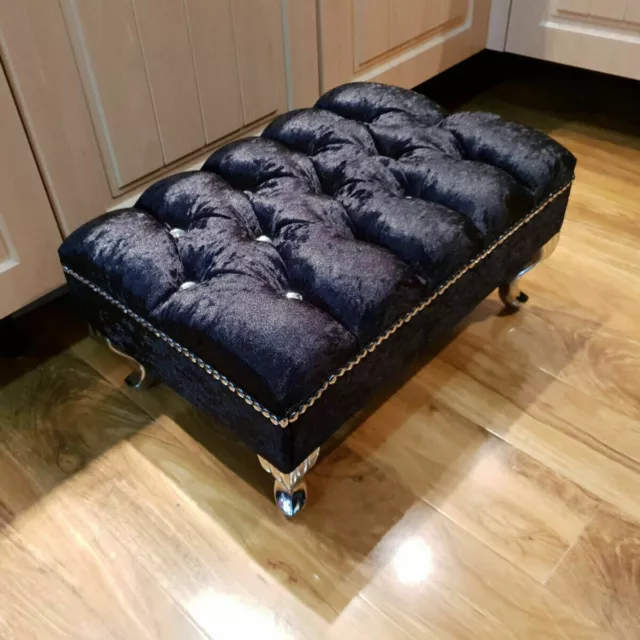 Upholstered Chesterfield Footstool Pouffe Fabric Foot Stool Seat Small Bench UK