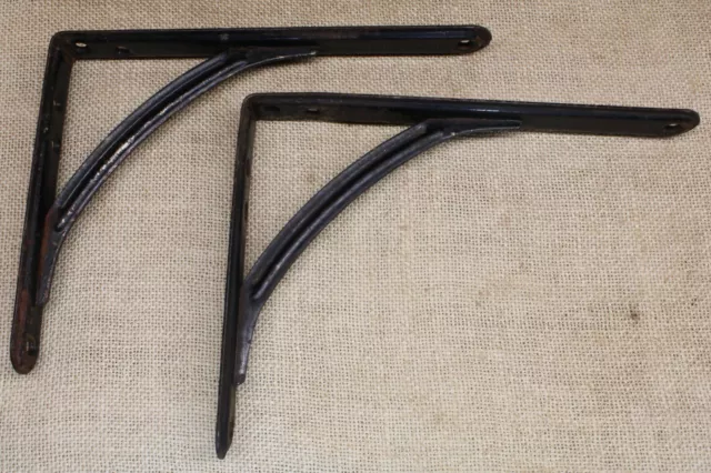 2 Old Shelf Support Brackets 6 1/8 X 8” Rustic Vintage Black Paint