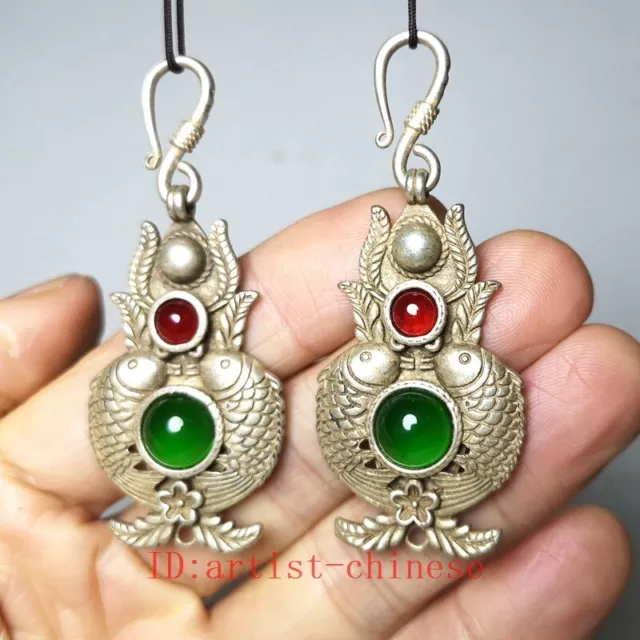 Collection Chinese Tibet Silver Jadeite Jade Inlay Carving Fish Earrings Pendant