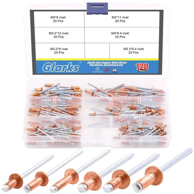 120Pcs 6 Size Red Copper Blind Rivets Pop Rivets Assortment Set for Sh...