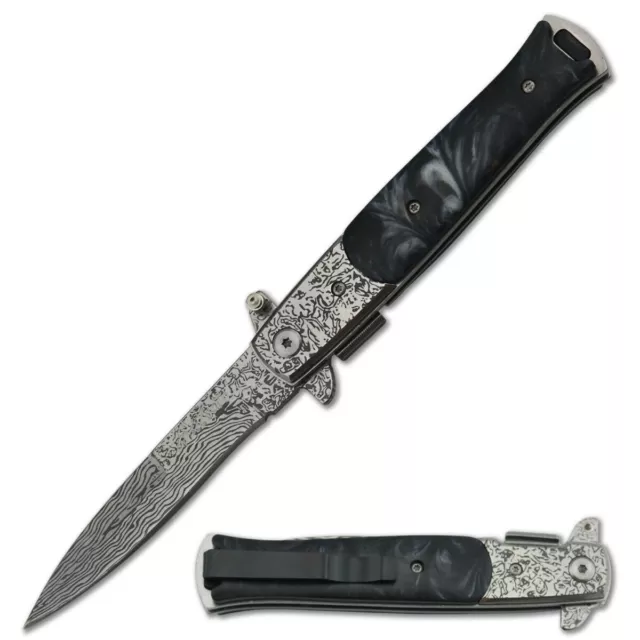 9" Italian Milano Stiletto Damascus Spring Assisted Open Folding Pocket Knife 2