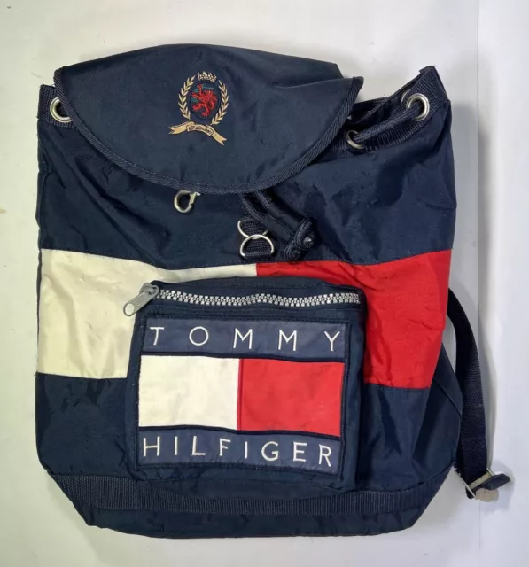 TOMMY HILFIGER VINTAGE 90 s Nap Sack Backpack Tote Bag w Vtg Logo