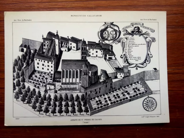 Abbey of Saint Pierre de Caunes Minervois engraving 1689 postcard postcard