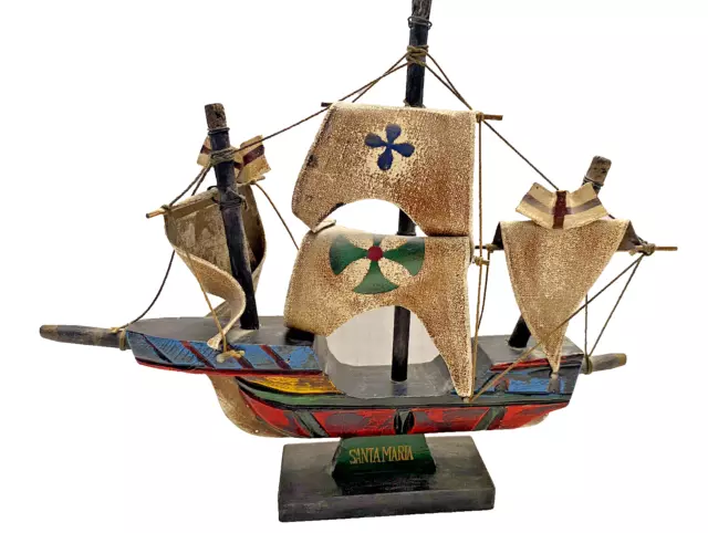 Vintage Santa Maria Model Wooden Boat Hand Painted Sailing Ship Figurine 9 X 7IN