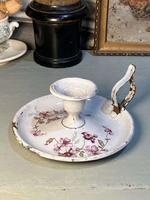 Bougeoir à Main Ancien En Tôle émaillée - Décor Fleurs Roses - Vintage Collection