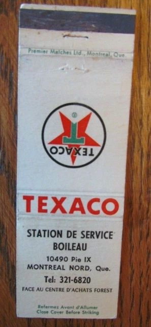 TEXACO GAS STATION MATCHBOOK: BOILEAU SERVICE (MONTREAL-NORD QUEBEC) (1960s) F24