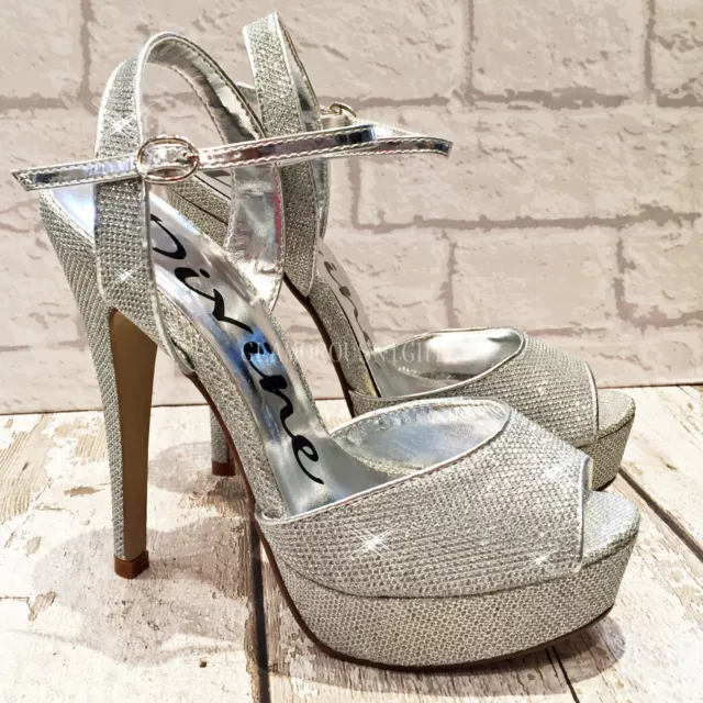 Ladies Womens Silver Peep Toe 5.25" Stiletto High Heel Strappy Sandal Shoes