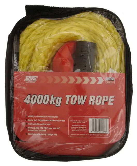 High Visibility Yellow Tow Rope 4000Kg / 4m Hooks Pull Rope Strap Maypole 6097A