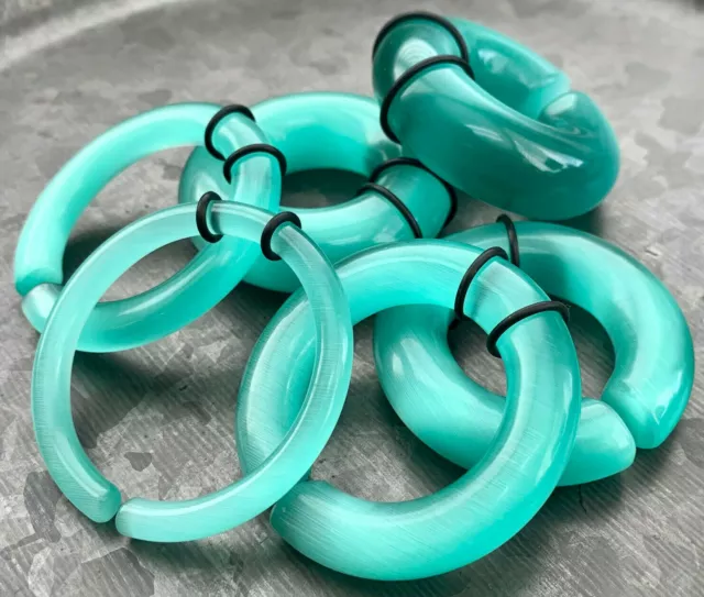 PAIR Aquamarine Cat Eye Large Stone Hoops Glass Hanger Ear Plug Gauge Tunnel