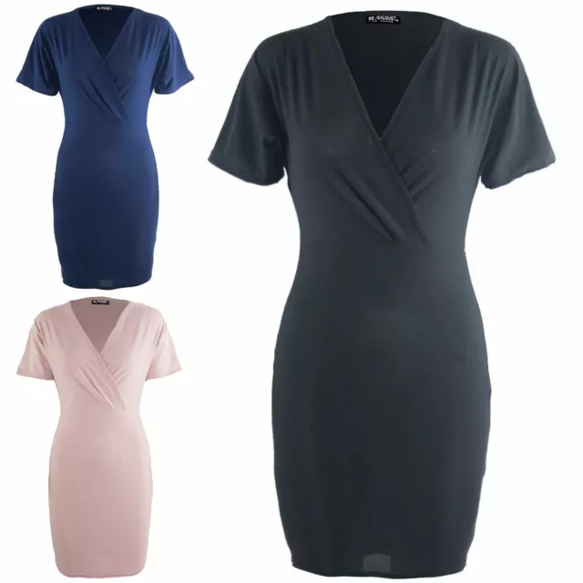 Womens Ladies Ruched Wrap Over V Neck Short Sleeve Pencil Fit Midi Bodycon Dress