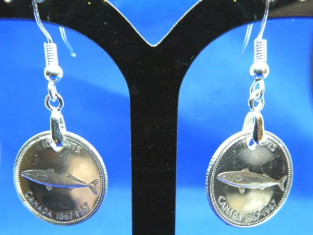 1967 Vintage Canadian Silver Fish Coin Earrings New - Handmade Dimes shipped USA