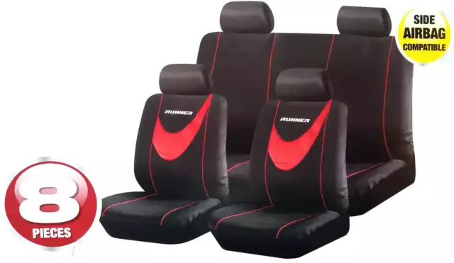 Universal Car Runner Red Black Seat Covers Washable Airbag Safe 8 Pce Set