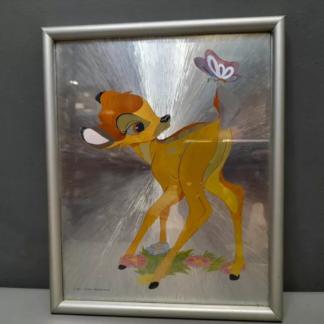 Vintage Walt Disney Bambi Metallic Foil Art Silver Framed Wall Art Multicolor
