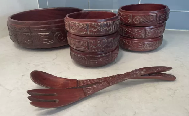 9 Piece Vintage MCM Boho Bohemian Red Rose Tiki Wooden Hand-Carved Salad Set
