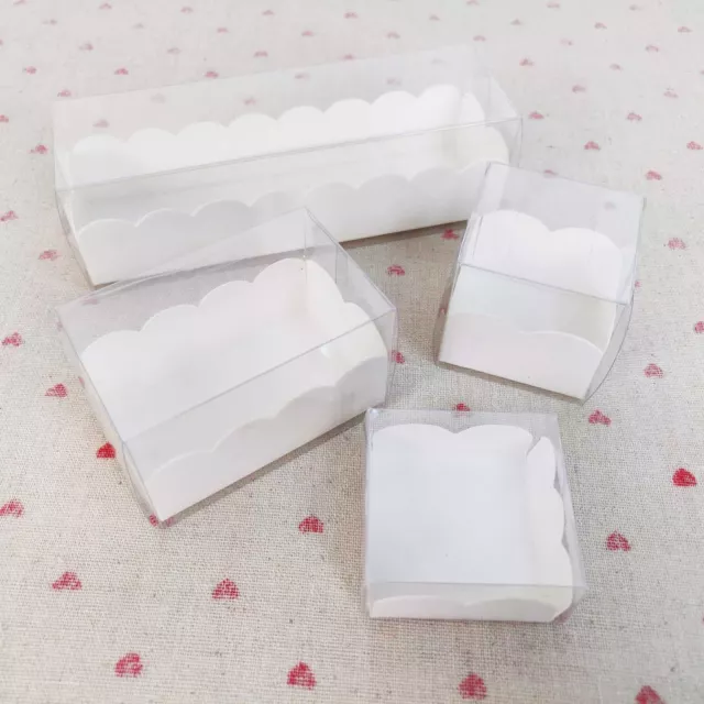 Long Clear PVC Macaron Boxes with Inserts - White Scalloped Lace Favour Macaroon