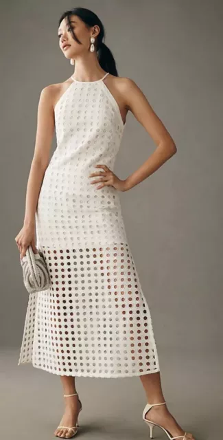 NEW $260 Vineet Bahl Anthropologie Halter White Eyelet Maxi Dress L