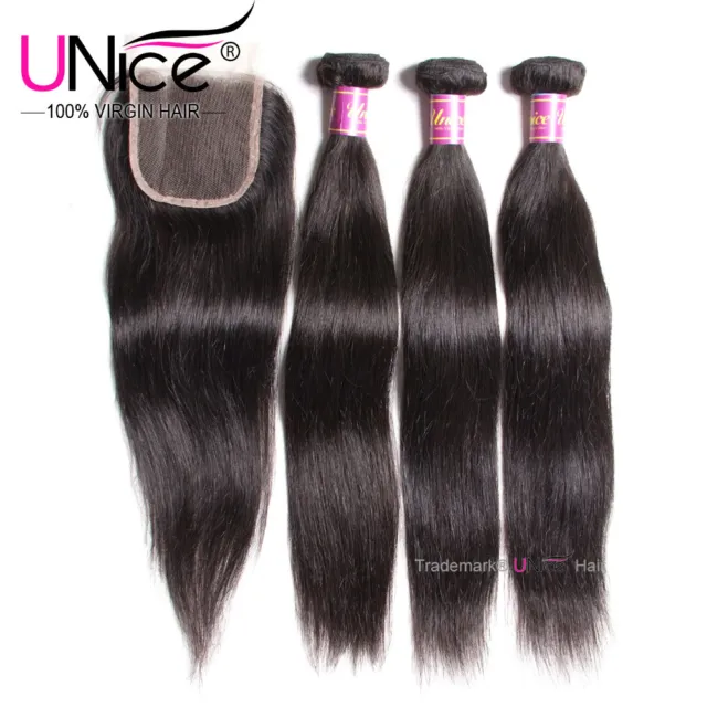 UNice Brazilian Straight Human Hair 3 Bundles With Lace Closure Hair Extensions